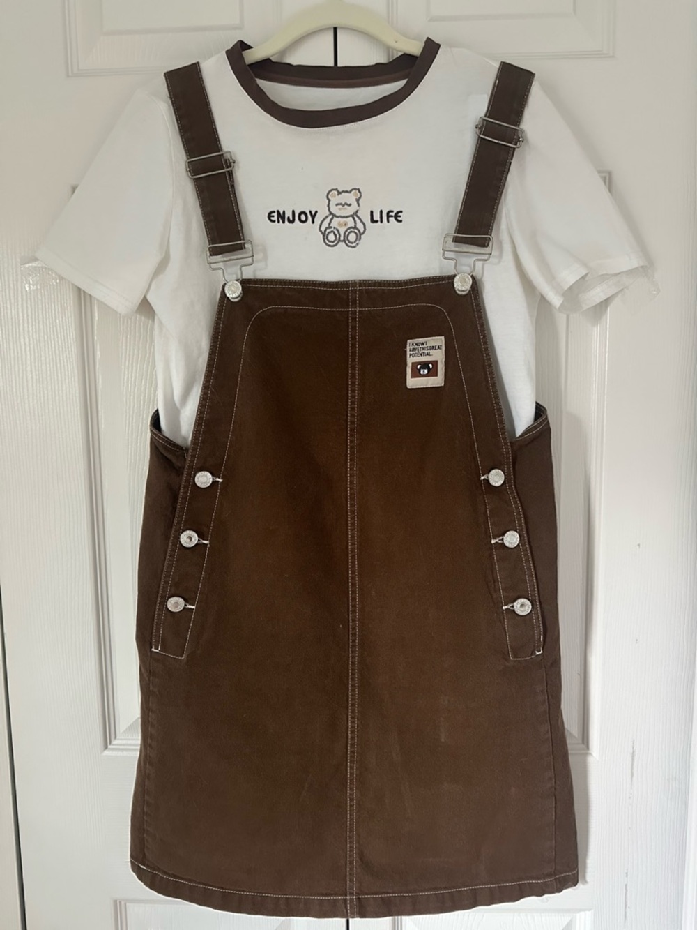 Brown Pinafore Dress with Adjustable Straps, white  bear T shirt  M size